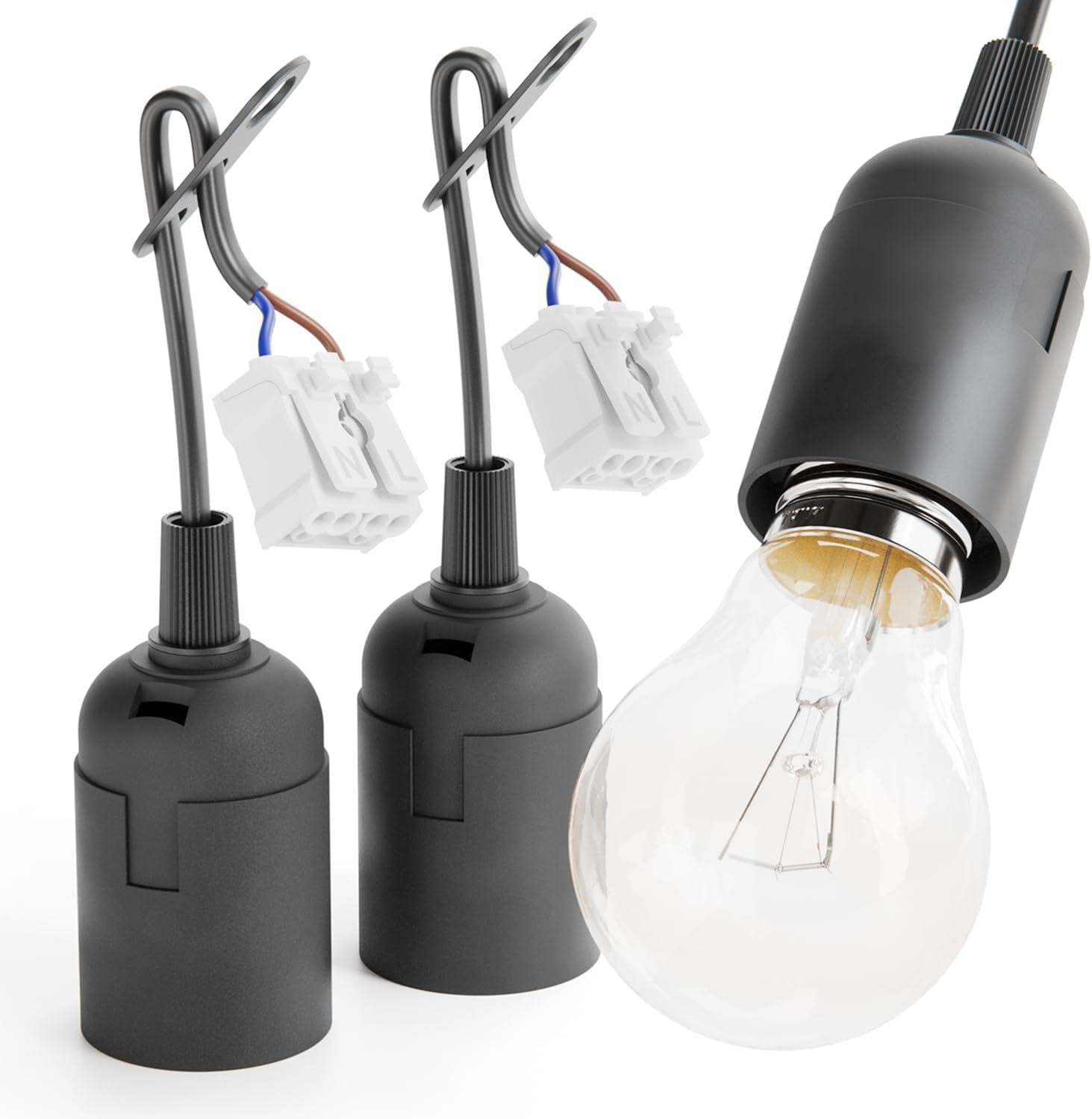 3 czarne oprawki E27 z szybkozłączkami - Czarna oprawka E27 z dławikiem kablowym - Oprawka E27 retrofit, max 60W 250V - Oprawka architektoniczna E27