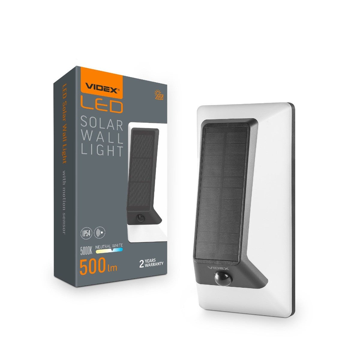 Kinkiet solarny z czujnikiem ruchu BHSO LED Neutralna biel 500lm biały wym:24x12x7,5cm IP54 Videx