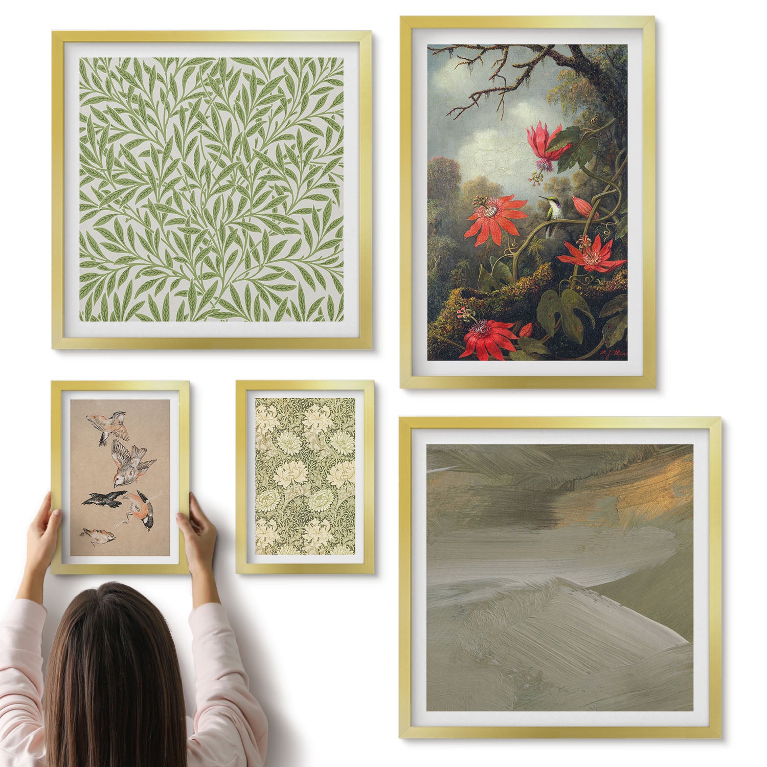 Galeria ścienna 5-częściowy komplet obrazów w złotych ramach - Kwiaty i ptaki w naturalnych motywach dekoracyjnych - ArtPrintCave