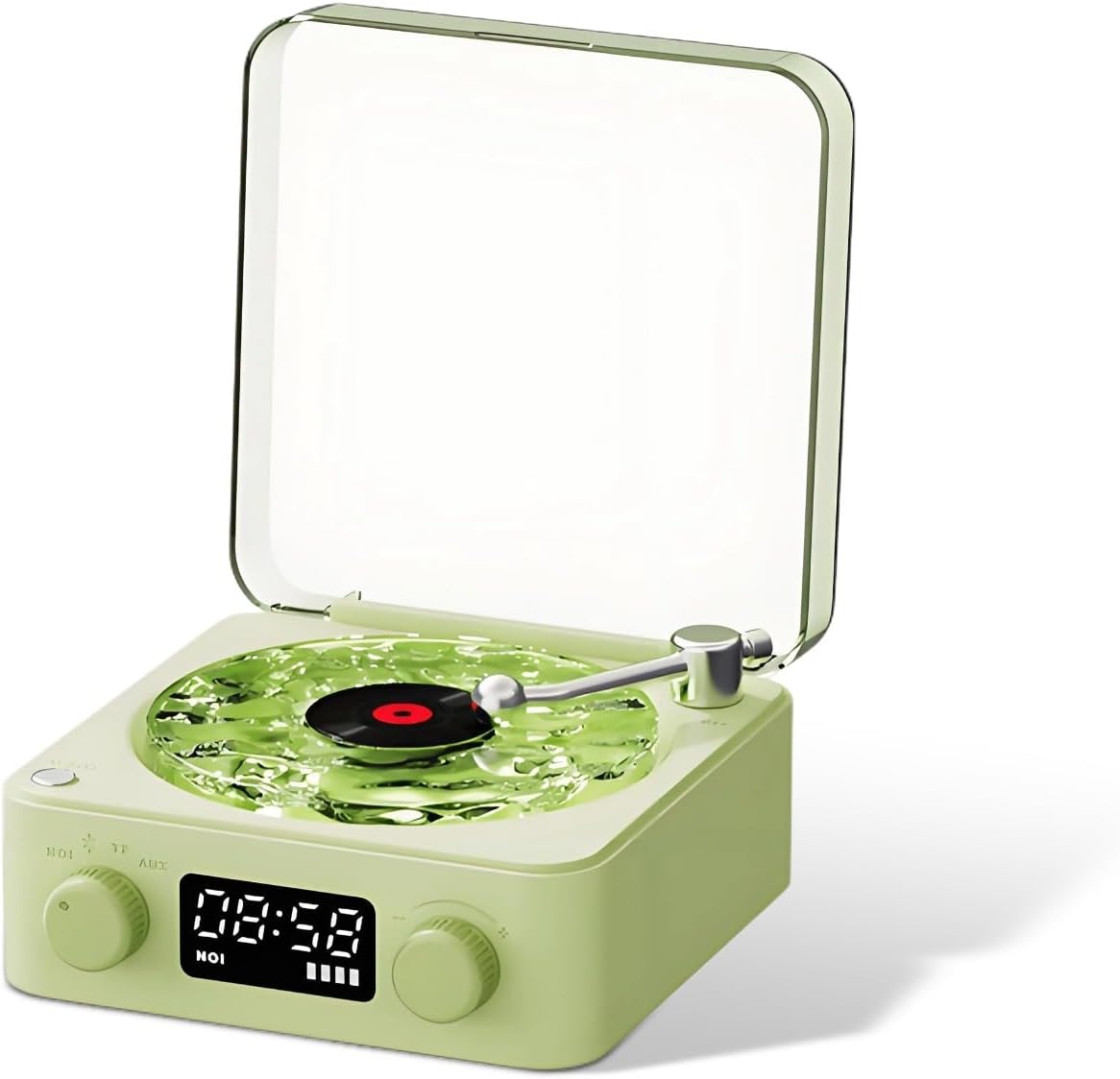 Płyta winylowa, zegar z odtwarzaczem, głośnik Bluetooth, przenośny głośnik retro w stylu winylowym, regulowane światło i godzina, zielony
