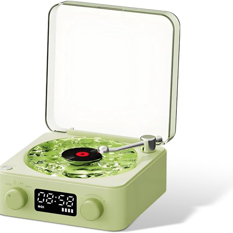 Płyta winylowa, zegar z odtwarzaczem, głośnik Bluetooth, przenośny głośnik retro w stylu winylowym, regulowane światło i godzina, zielony