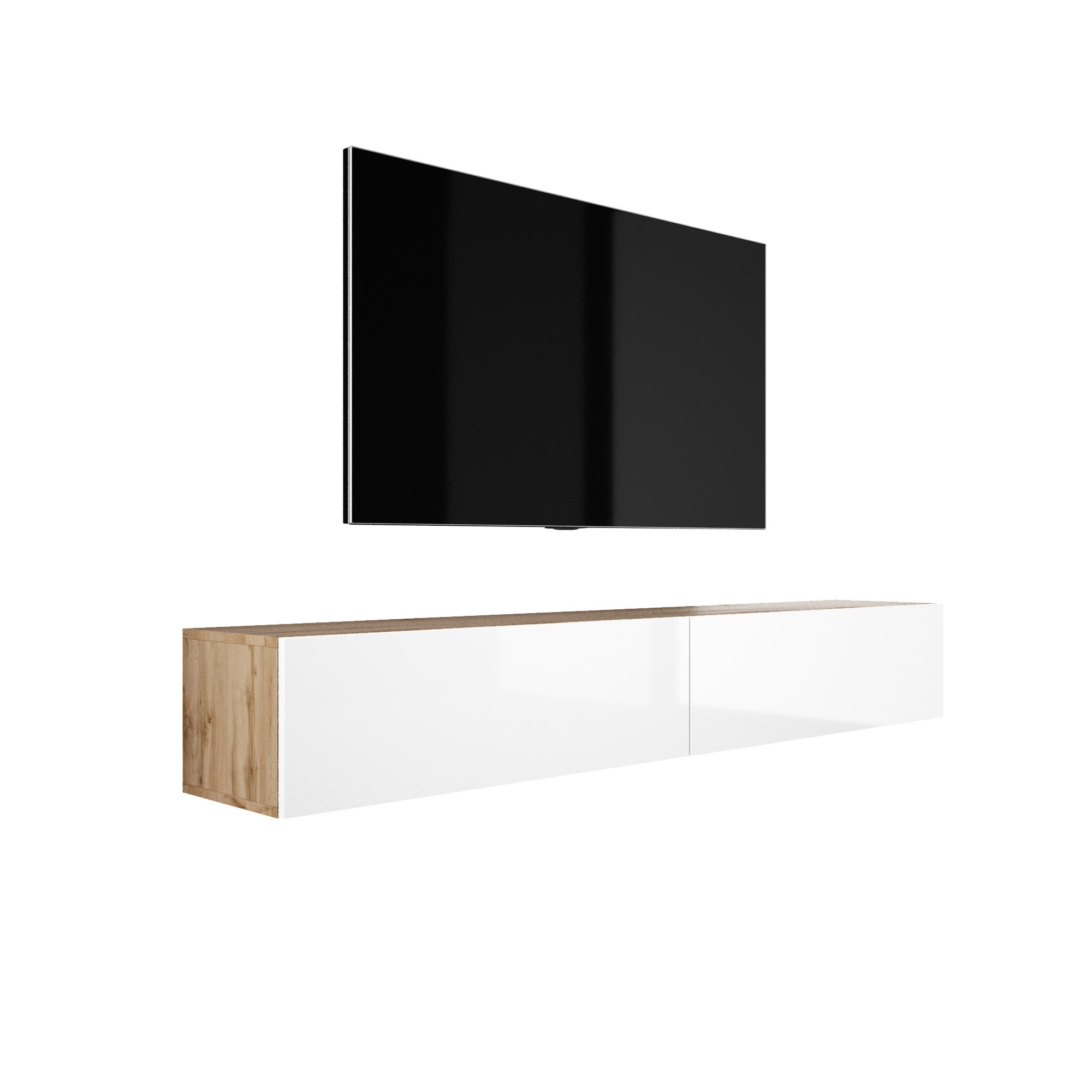 Zawieszana szafka RTV, (2 x 100) x 34 x 32 cm, Dąb Wotan / Biały Błyszczący