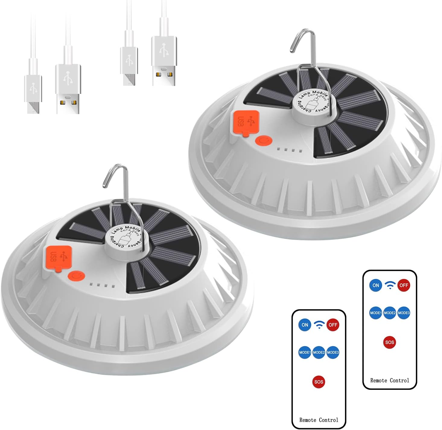 Zestaw 2 zdalnych solarnych lamp kempingowych USB, przenośna ładowalna wisząca lampa namiotowa, światło awaryjne 120 LED