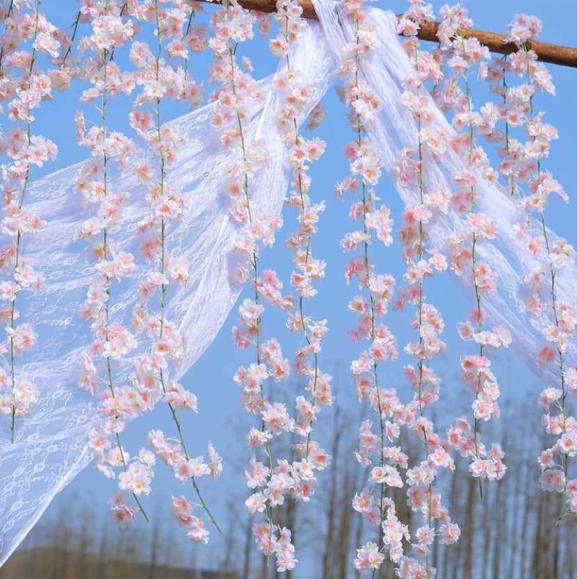 Sztuczne wiszące girlandy z kwiatów wiśni, jedwabna dekoracja na przyjęcie weselne (Zestaw 2, Różowe)