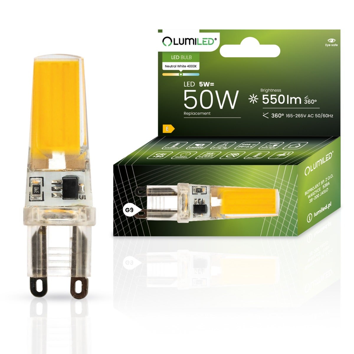 Żarówka LED Lumiled G9 Kapsułka 5W 550lm 4000K Neutralna biel 360st Filament 1 szt.