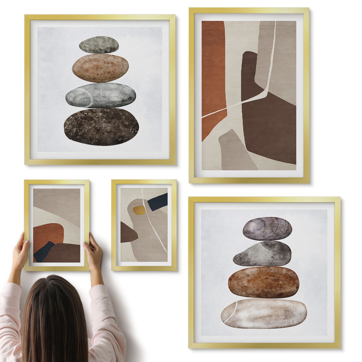 Galeria ścienna 5-częściowy komplet obrazów w złotych ramach - Abstrakcyjne malarstwo boho kształty w nowoczesnym stylu - ArtPrintCave