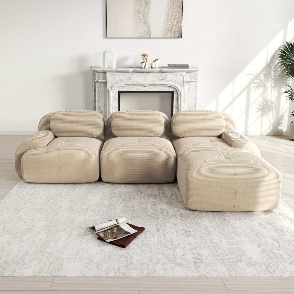 Narożna sofa modułowa, nie wymaga montażu, ergonomiczna, tapicerka z kordu, przyjazna dla zwierząt, wypełnienie 32D