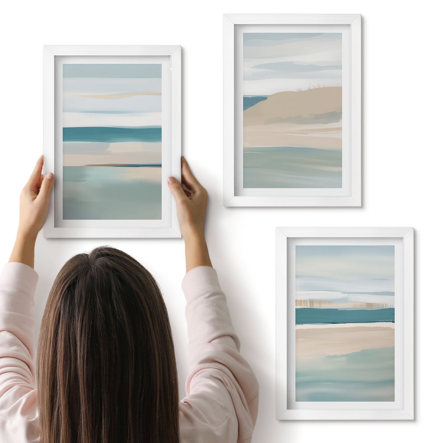Galeria ścienna 3-częściowy komplet obrazów w białych ramach - Abstrakcyjne pejzaże w odcieniach niebieskiego i beżu - ArtPrintCave