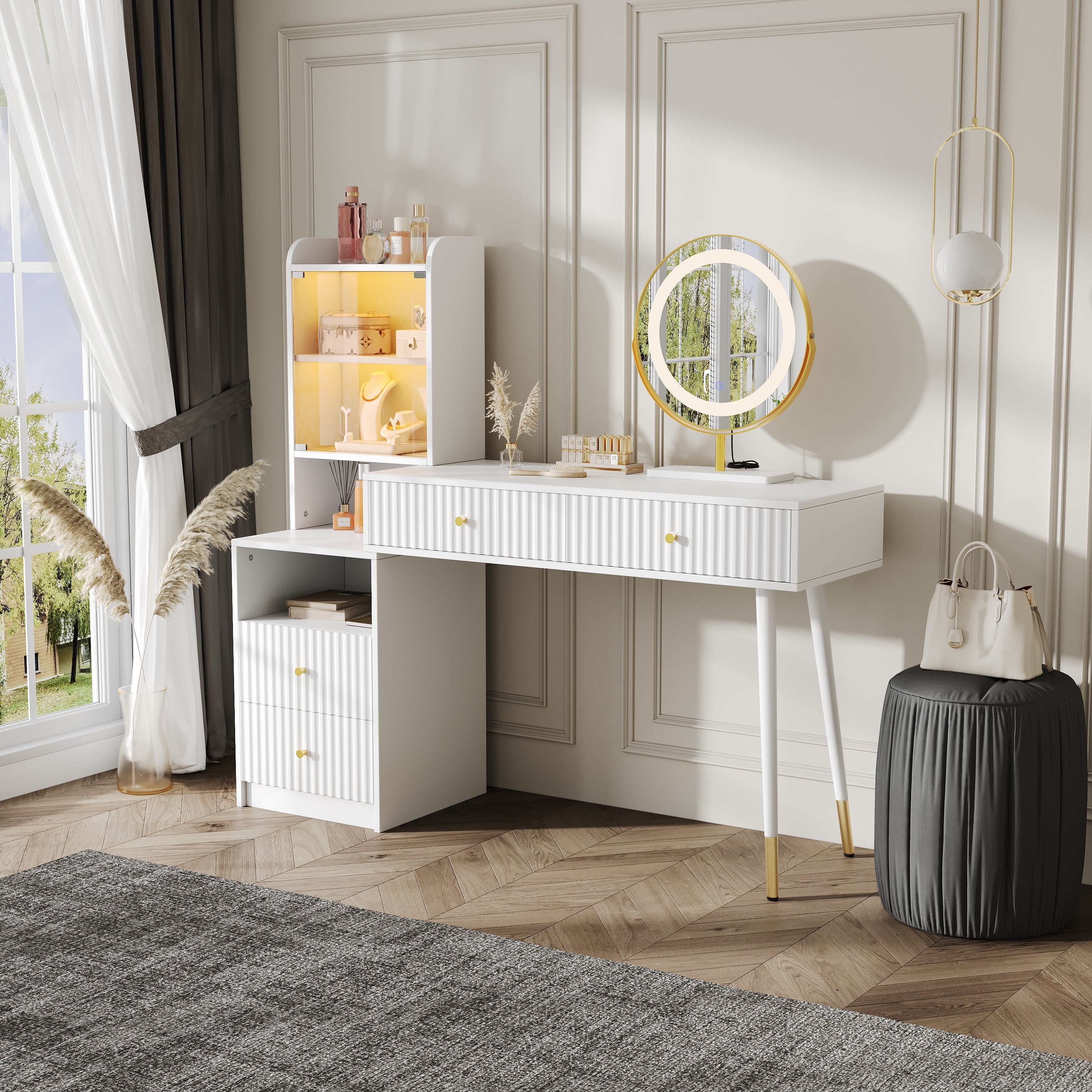 Toaletka z lustrem 100 x 40 x 125 cm - z regulowanym oświetleniem LED - z 4 szufladami i 1 szklanymi drzwiami - 1 półką Otwarta półka - Biała