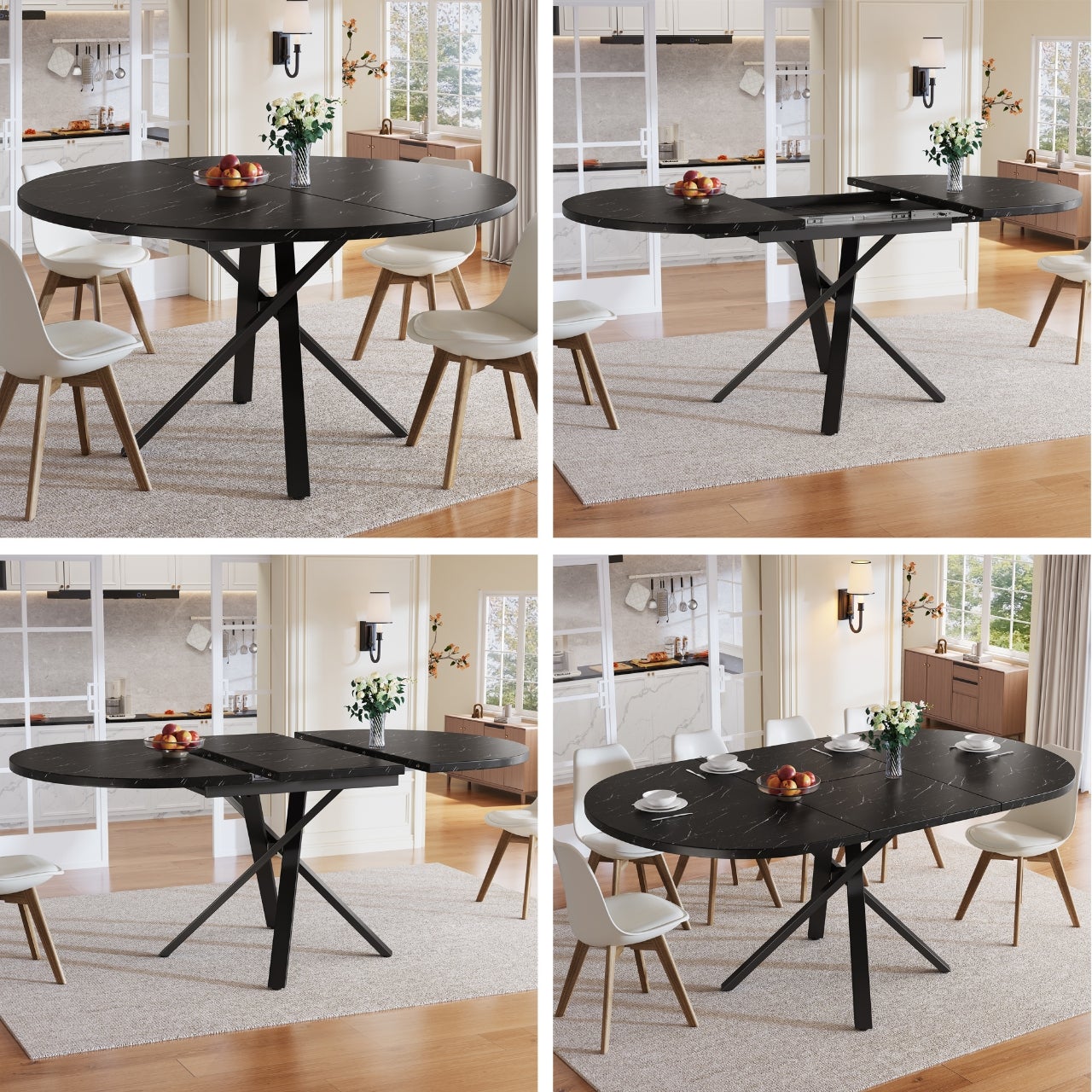 Rozkładany okrągły stół z efektem marmuru, dla 4-6 osób - 100/140 x 75,5 cm - MDF i nogi metalowe - Czarny