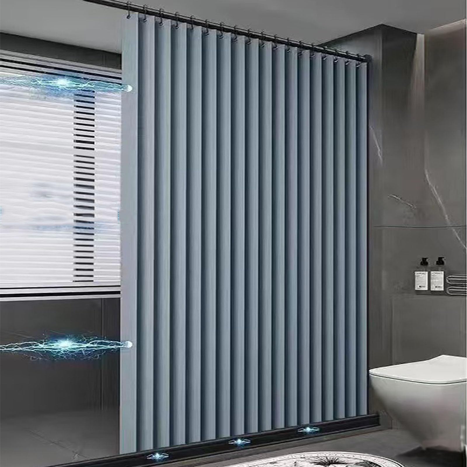 Lniana magnetyczna składana zasłona prysznicowa zaciemniająca z metalowymi haczykami, odporna na pleśń i zachlapanie, do hotelu - niebieska -220x200cm