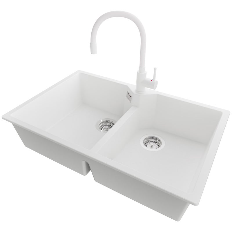 Zlewozmywak Granitowy Biały 78x50cm, Zlew Kuchenny 2 Komorowy + Bateria 38x14cm + Syfon, Nablatowy do szafki od 80cm - Madryt Twin PRIMAGRAN