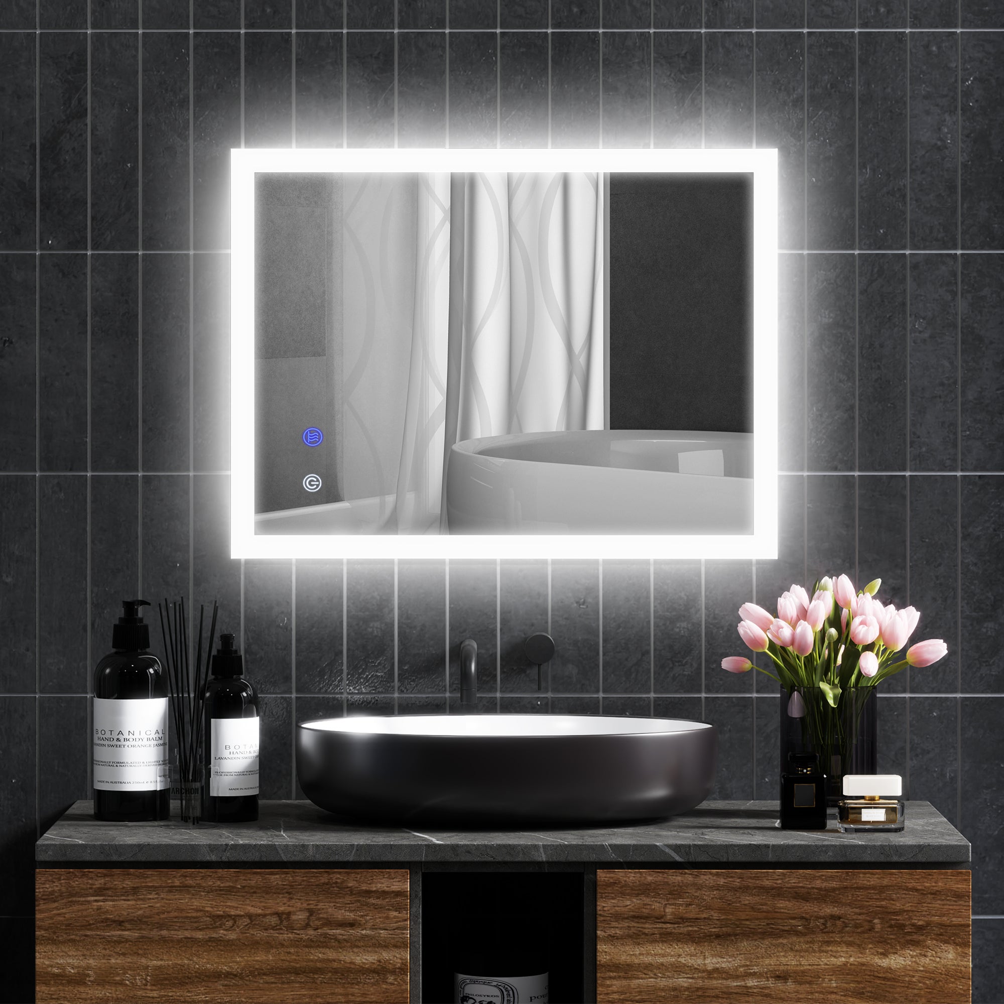 Lustro łazienkowe LED z antyparowaniem, prostokątne podświetlane z 3 kolorami, regulowana jasność na ścianę, 80x60 cm