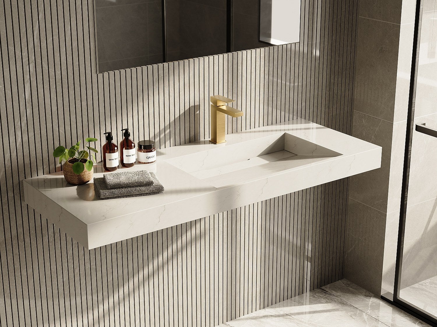 Umywalka wisząca z białego Solid Surface, efekt marmuru - 120 x 45 x 8 cm - OKAPA