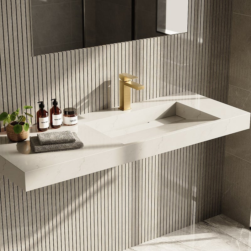 Umywalka wisząca z białego Solid Surface, efekt marmuru - 120 x 45 x 8 cm - OKAPA