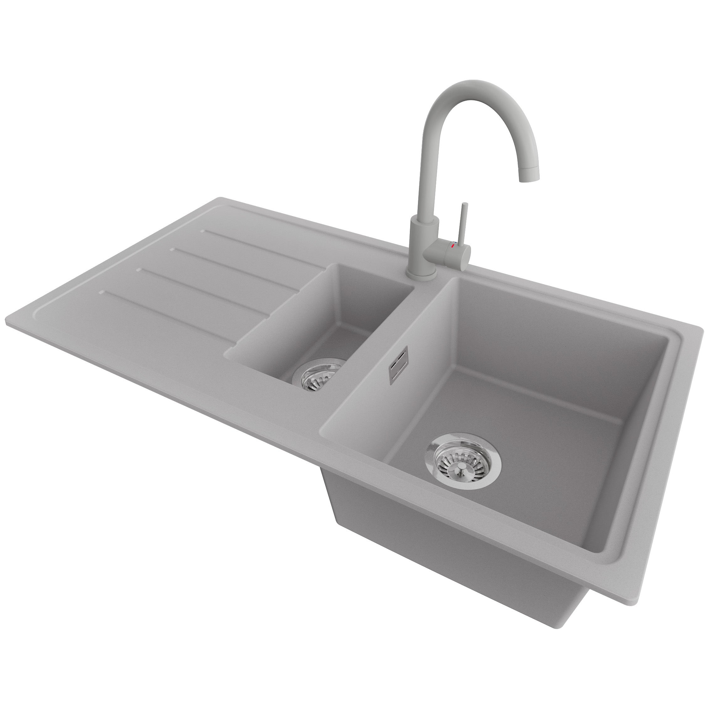 Zlewozmywak Granitowy Szary 90x50cm, Zlew Kuchenny 1,5 Komorowy + Bateria 32x20cm + Syfon, Nablatowy do Szafki od 60cm - Kopenhaga Duo PRIMAGRAN