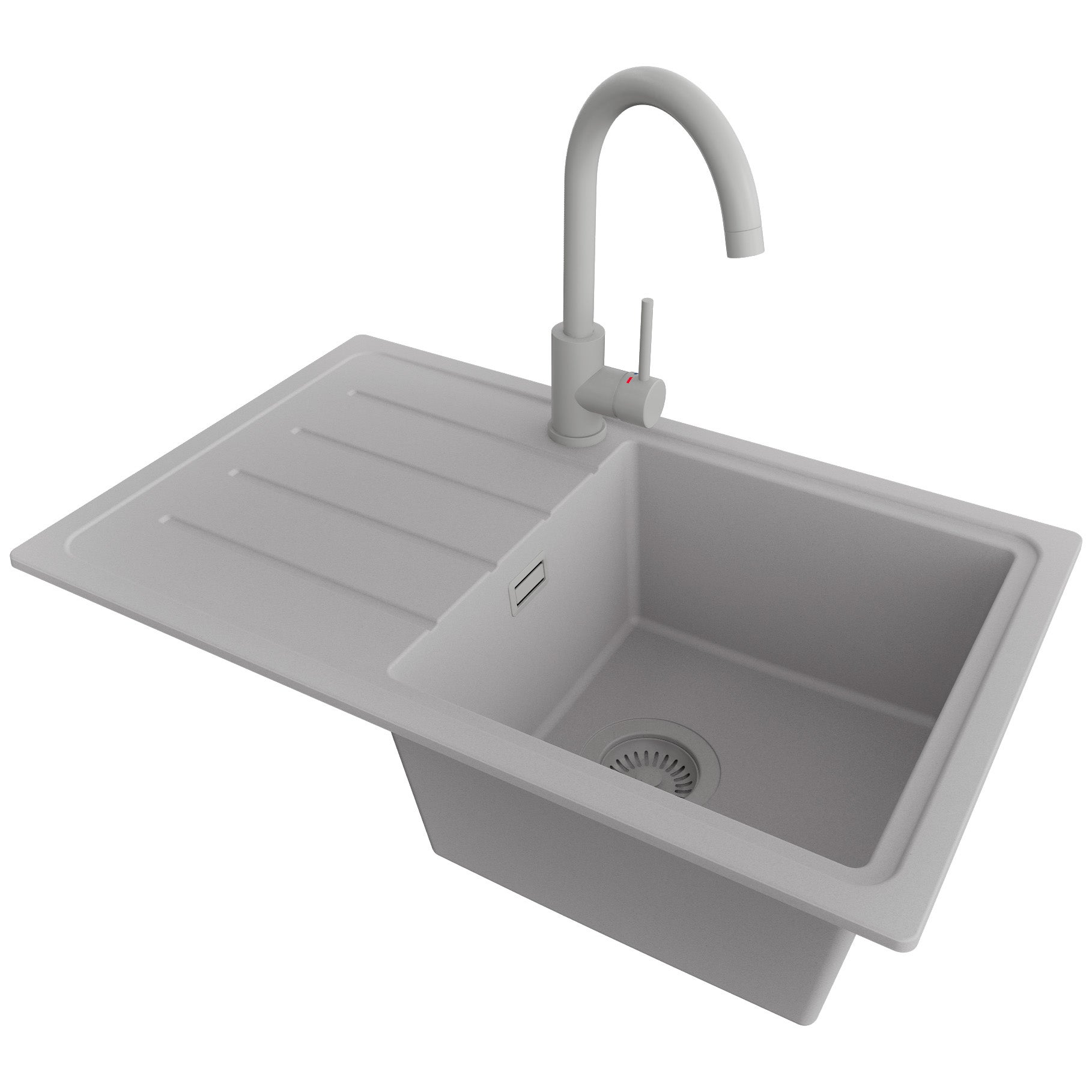 Zlewozmywak Granitowy Szary 70x44cm, Zlew Kuchenny 1 Komorowy + Bateria 32x20cm + Syfon, Nablatowy do szafki od 45cm - Kopenhaga Easy PRIMAGRAN