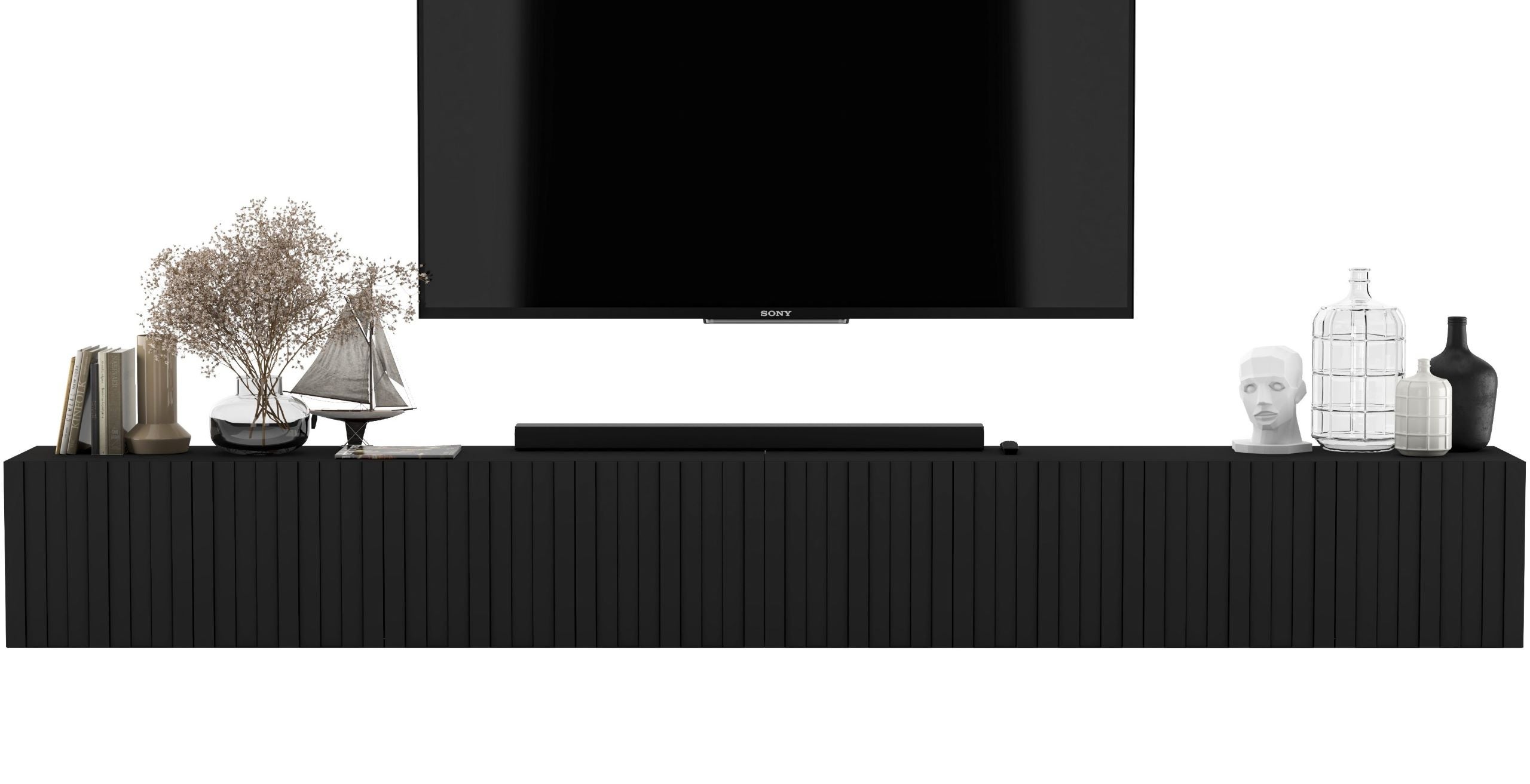 Wisząca szafka RTV Glamour 300 cm czarny mat, komoda pod telewizor z ryflowanymi frontami