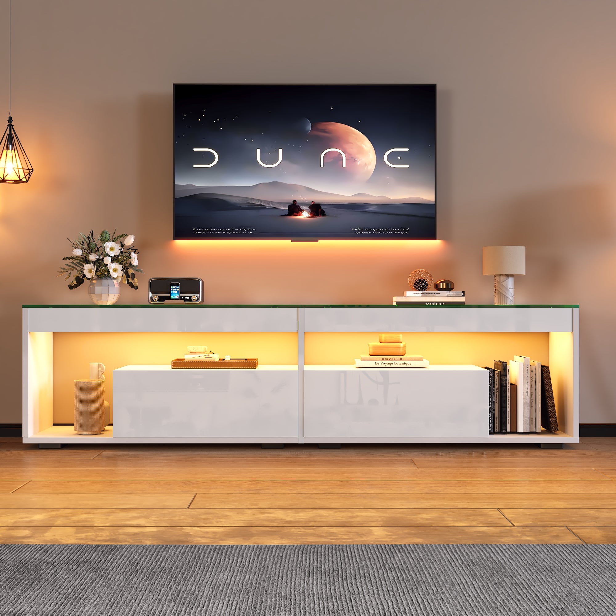 Szafka pod telewizor z 2 szufladami, szafka TV, konsola do salonu i sypialni, biała, płyta wiórowa, 180 x 40 x 46 cm