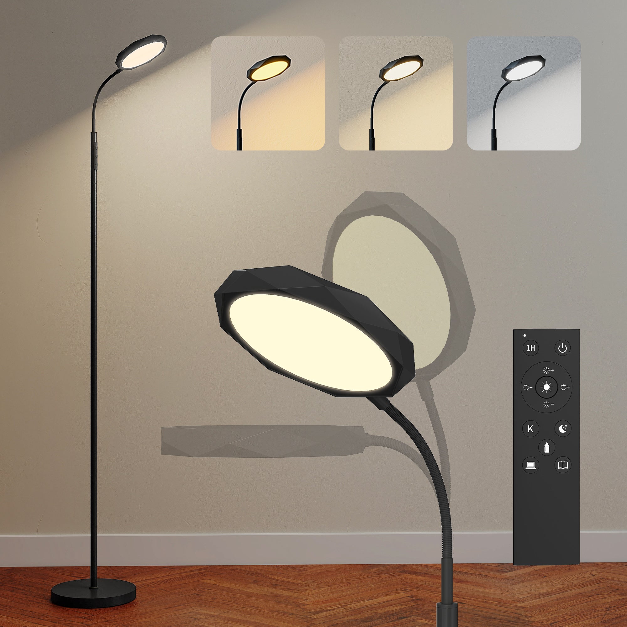 Lampa stojąca LED z pilotem, obrotową głowicą, regulowaną jasnością i temperaturą barwową, czarna