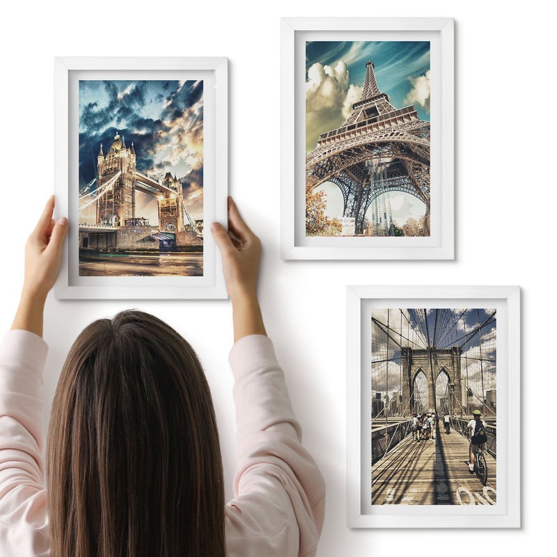 Galeria ścienna 3-częściowy komplet obrazów w białych ramach - Mosty i wieże w europejskich miastach - ArtPrintCave