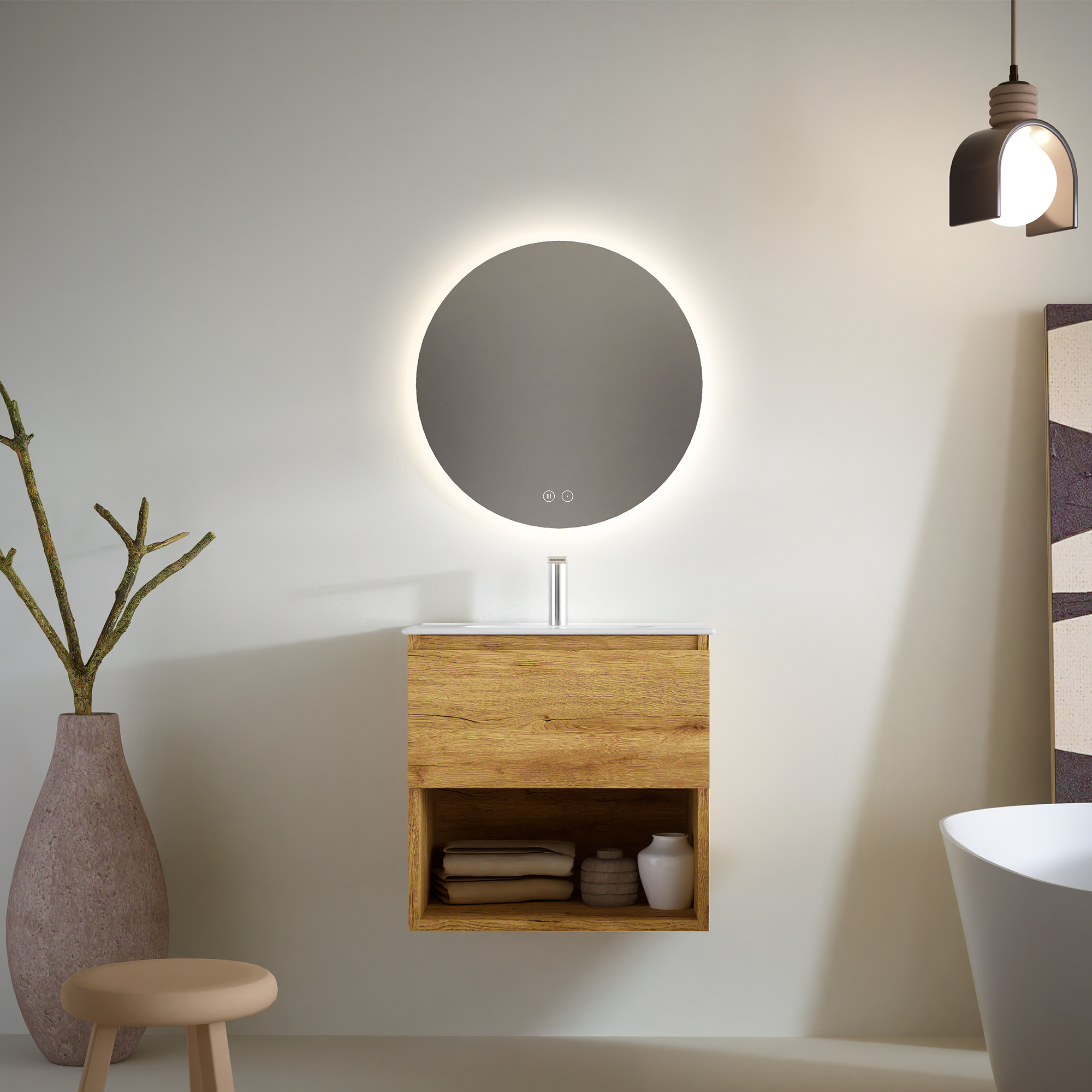 Feel Your Bath Zestaw mebli łazienkowych PUMA 60 cm, efekt drewna, 1 szuflada + dekor, biała umywalka ceramiczna, okrągłe lustro LED przeciwmgielne