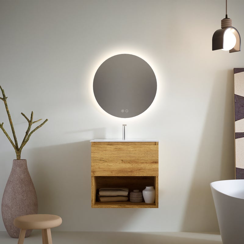 Feel Your Bath Zestaw mebli łazienkowych PUMA 60 cm, efekt drewna, 1 szuflada + dekor, biała umywalka ceramiczna, okrągłe lustro LED przeciwmgielne