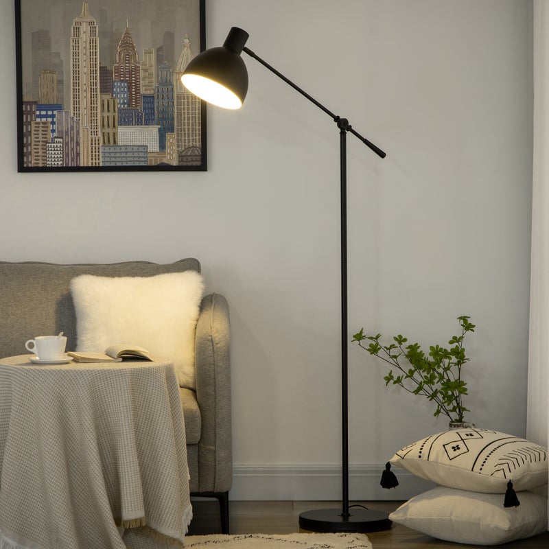Lampa podłogowa do salonu, 40 W, regulowana wysokość, regulowany klosz i ramię, przełącznik nożny, oprawka E27, czarna