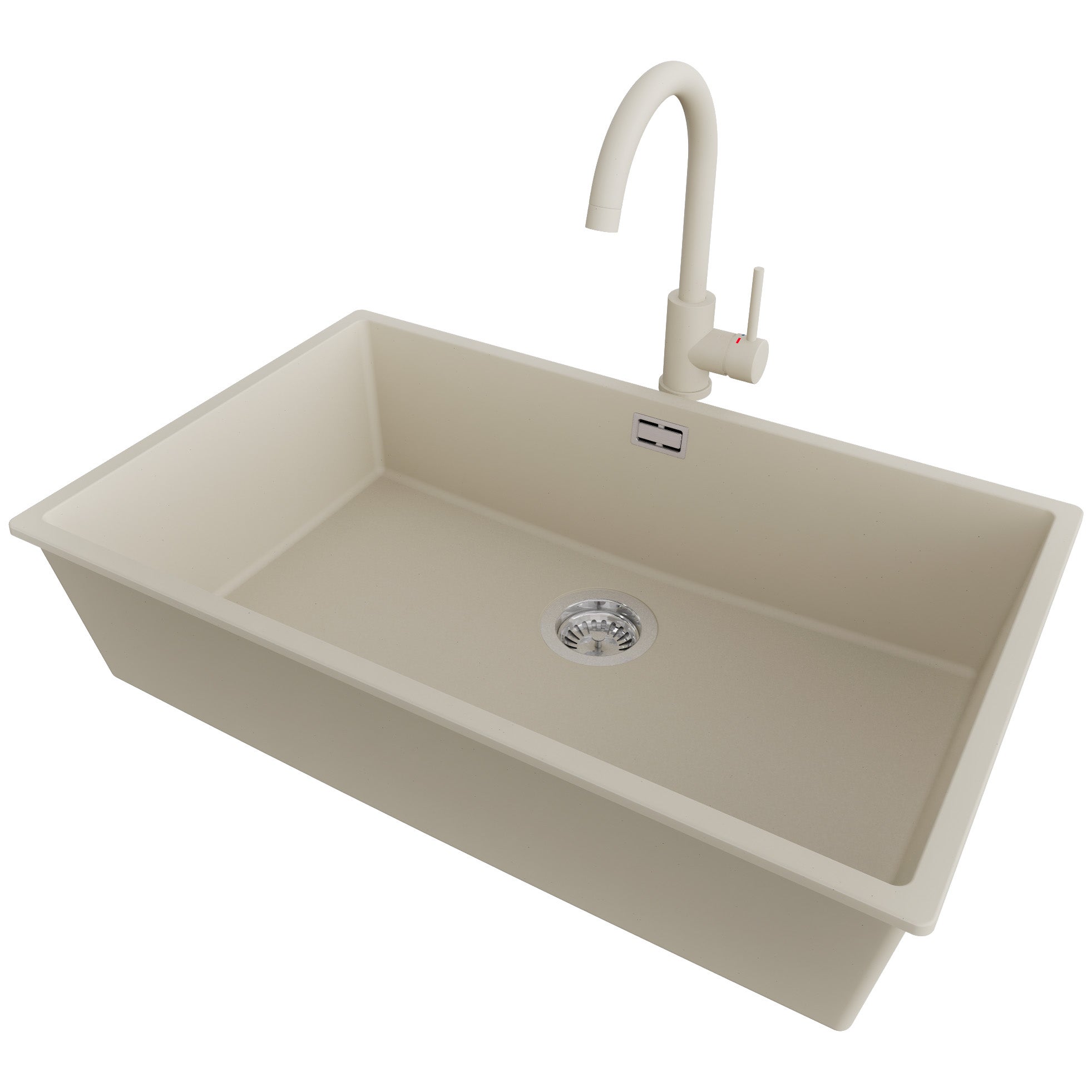 Zlewozmywak Granitowy Beżowy 76x47cm, Zlew Kuchenny 1 Komorowy + Bateria 32x20cm + Syfon, Nablatowy do szafki od 80cm - Londyn Slim PRIMAGRAN