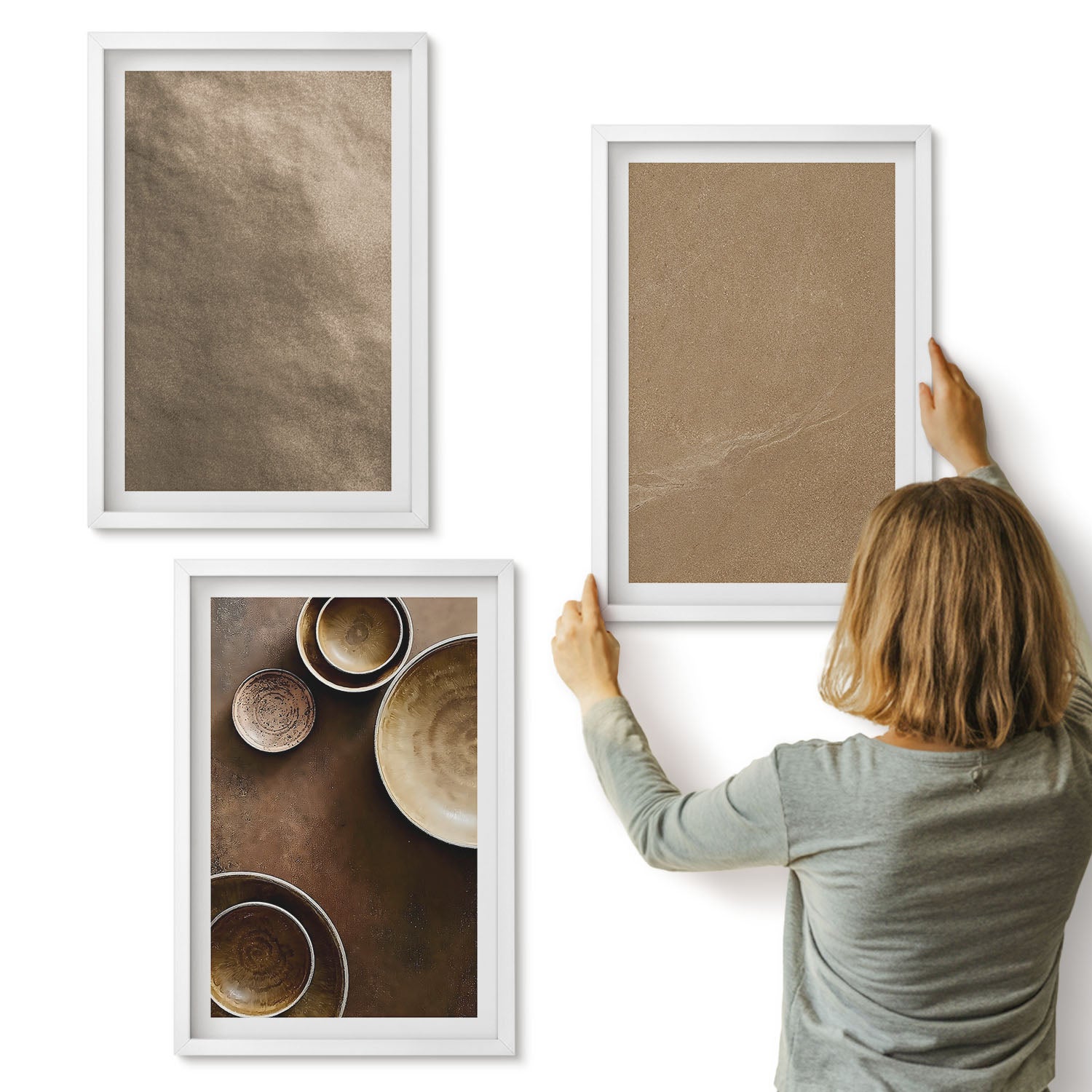 Galeria ścienna 3-częściowy komplet obrazów w białych ramach - Kamienne struktury nowoczesny styl minimalistyczny - ArtPrintCave