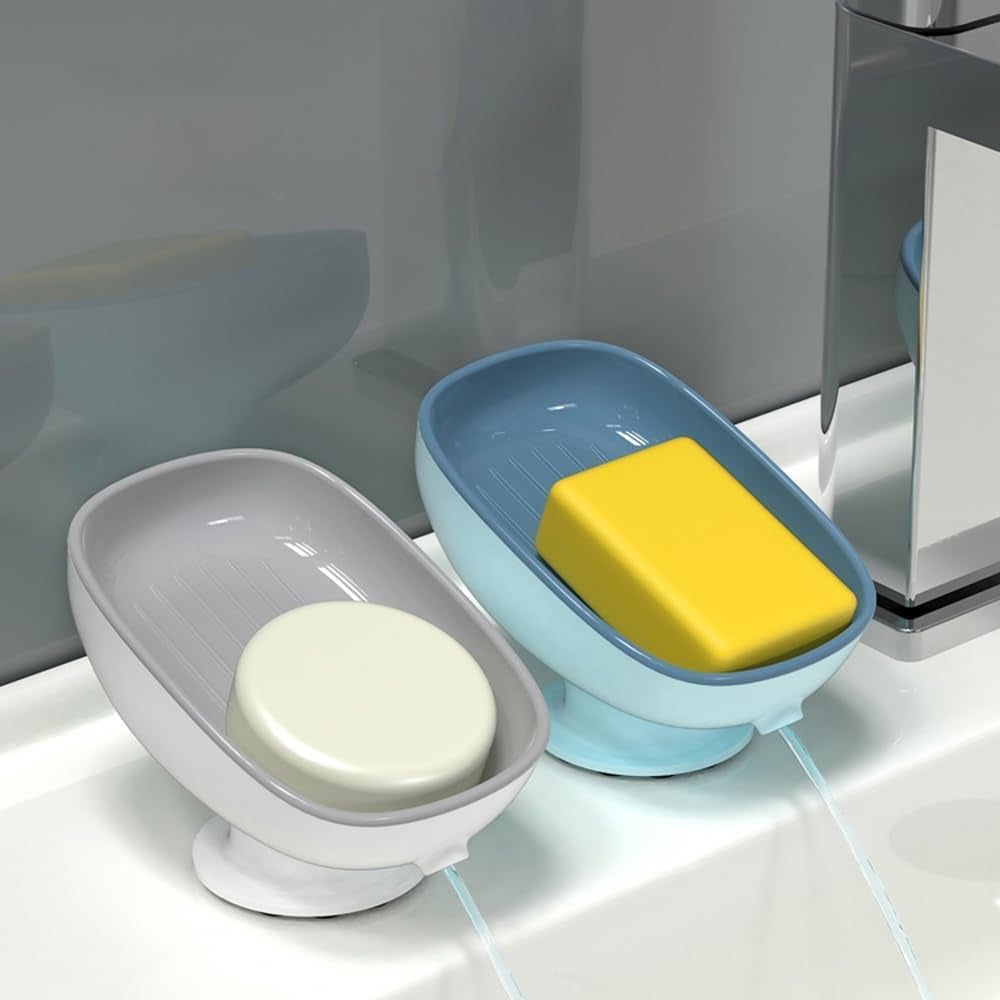 2 sztuki plastikowych mydelniczek z odpływem - mydelniczka prysznicowa z przyssawką - do łazienki, kuchni - łatwe czyszczenie (niebieski i szary)