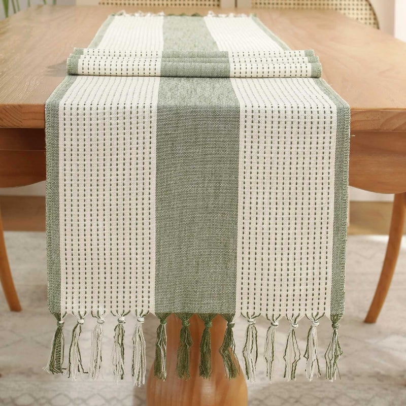 Zielony bieżnik z ręcznie tkanymi frędzlami, 33 x 305 cm, styl boho-wiejski.