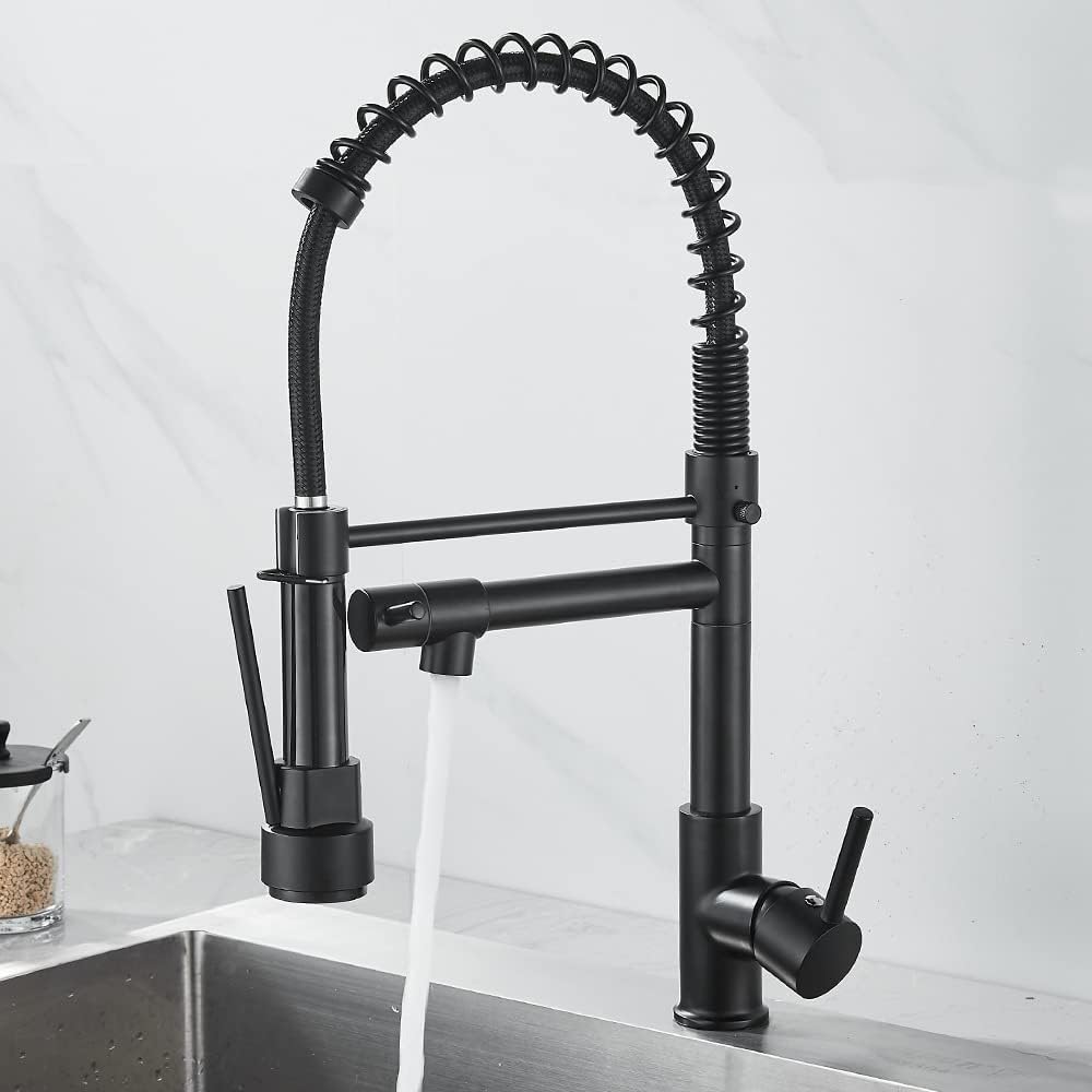 Bateria kuchenna z wyciąganą wylewką, bateria zlewozmywakowa, 2 funkcje, wylewka obrotowa 360°, czarna