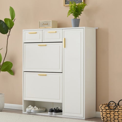 Nowoczesna szafka na buty biała z regulowanymi półkami, szufladami i złotymi uchwytami 95×24×107,5 cm