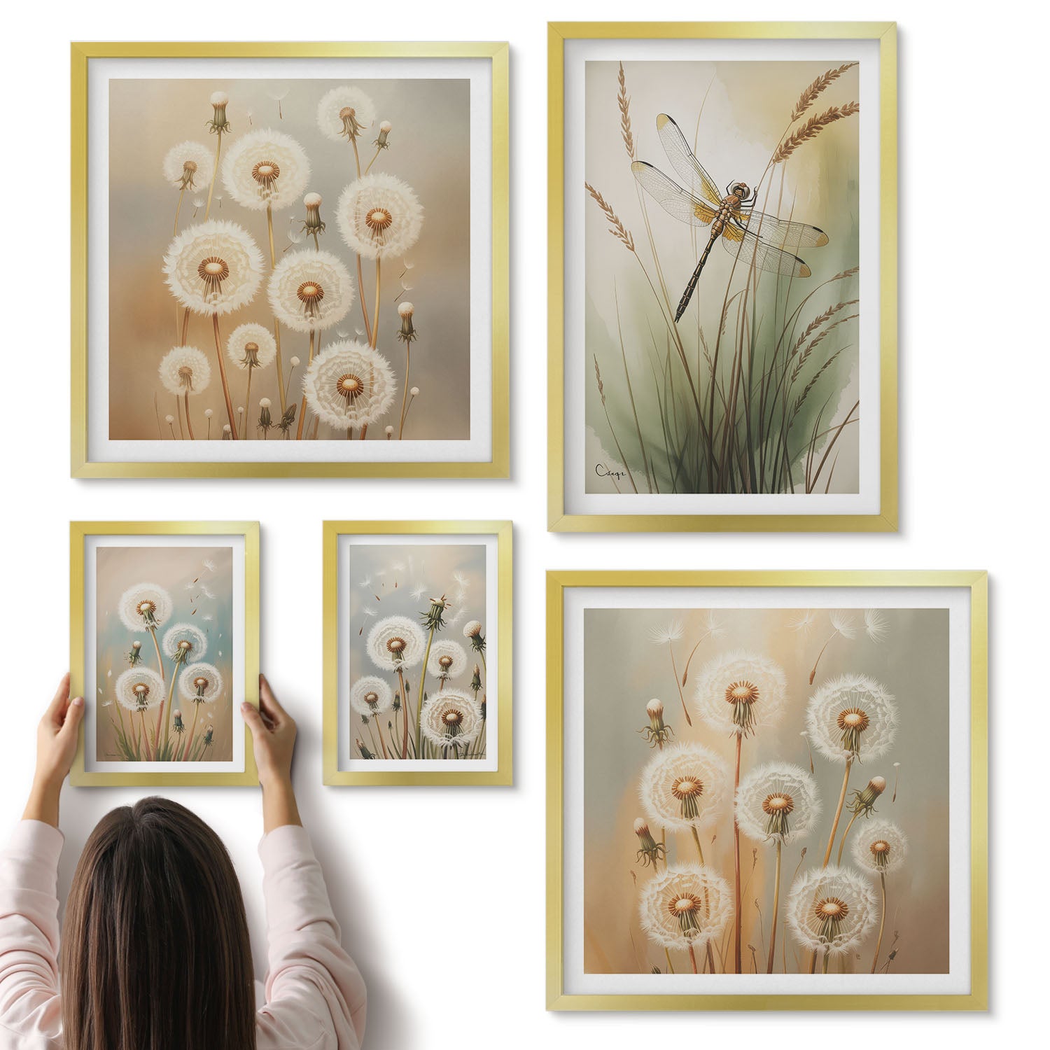 Galeria ścienna 5-częściowy komplet obrazów w złotych ramach - Roślinne motywy z ważkami i dmuchawcami w stylu naturalnym - ArtPrintCave