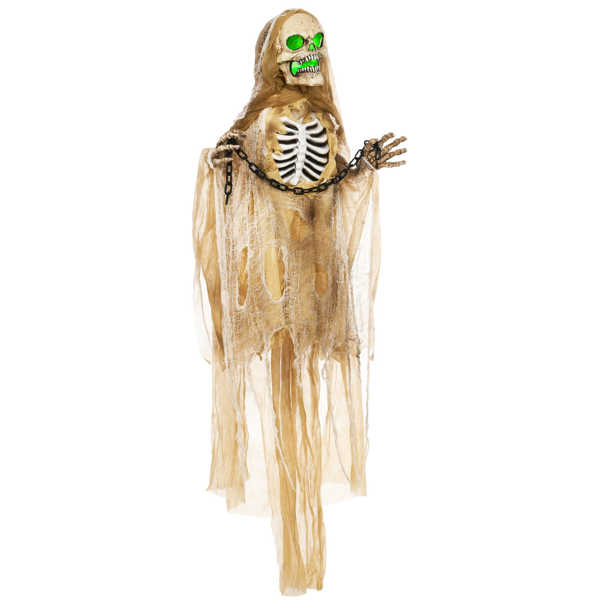 Dekoracja na Halloween, wiszący szkielet, świecąca głowa, złowieszczy krzyk, elastyczne ramiona, kolor khaki