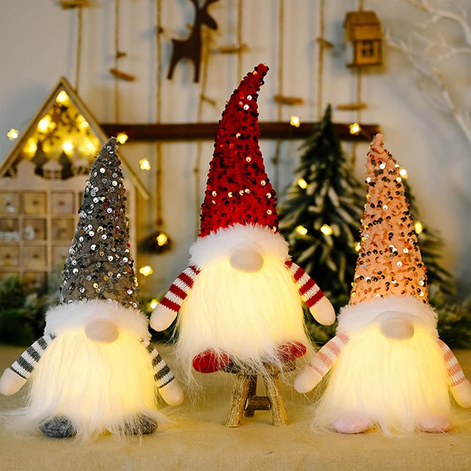 3-częściowy zestaw świątecznych krasnali z podświetleniem - pluszowy, psotny elf, dekoracja świąteczna - dekoracja krasnala elfa - miniaturowy elf świ