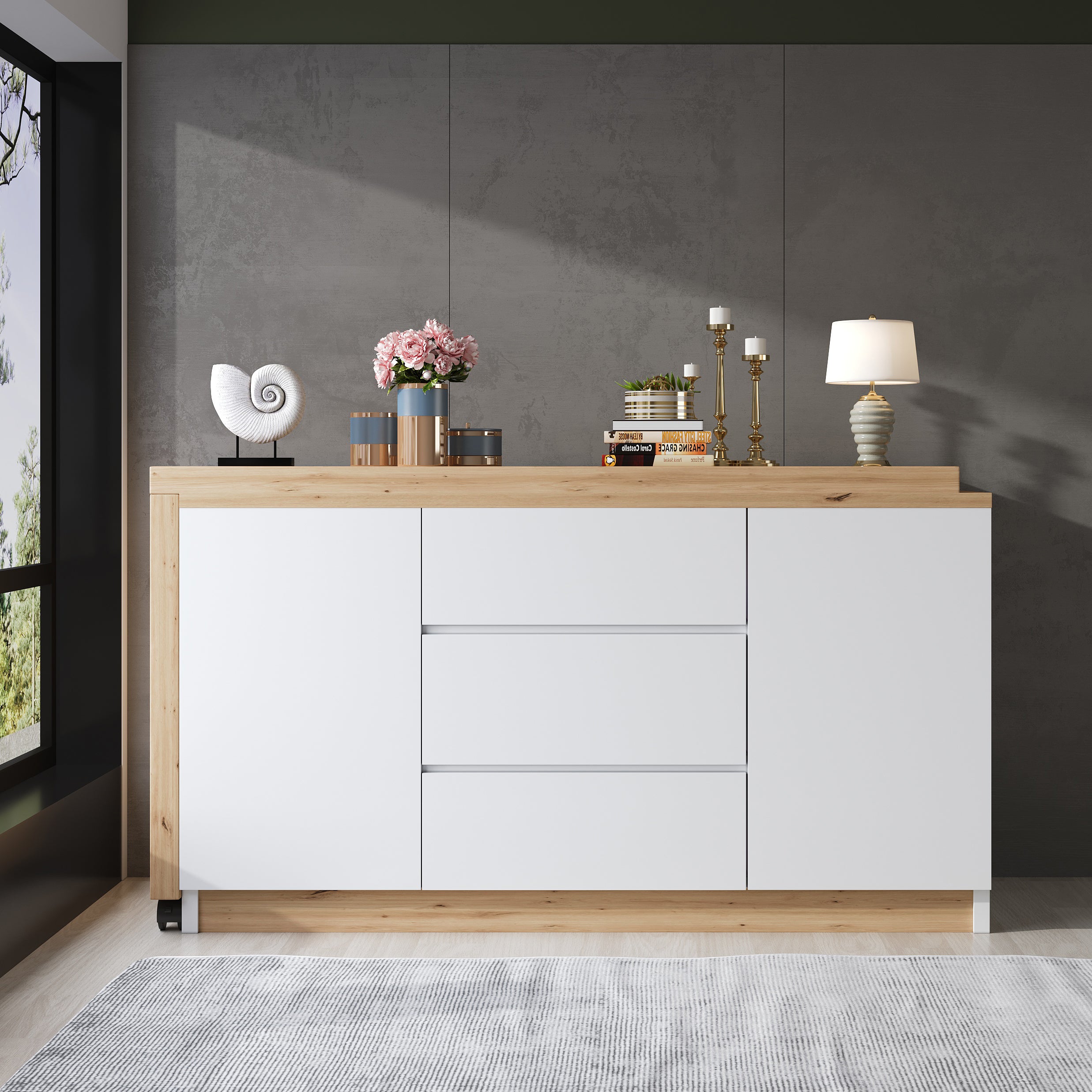 Biurko narożne 120 x 50 x 76,5 cm - Obrotowy blat - 3 szuflady i 2 drzwi - Z blokowanymi kółkami - Biały + naturalny