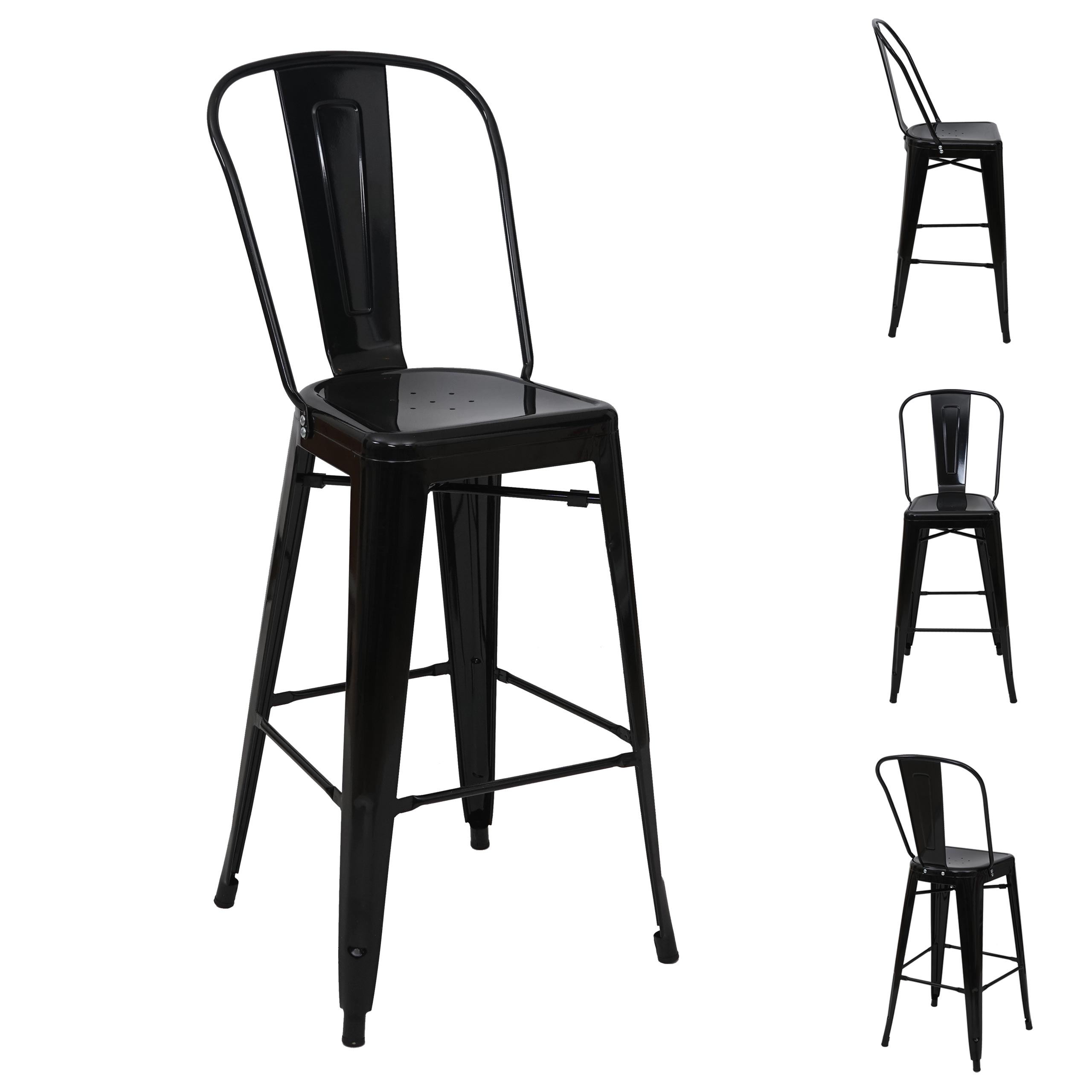 Zestaw 4 stołków barowych HWC-A73, stołek barowy z oparciem, metalowy, industrialny design ~ czarny