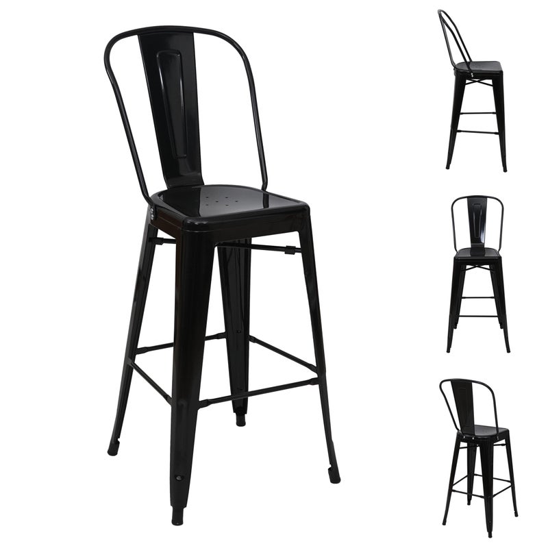Zestaw 4 stołków barowych HWC-A73, stołek barowy z oparciem, metalowy, industrialny design ~ czarny