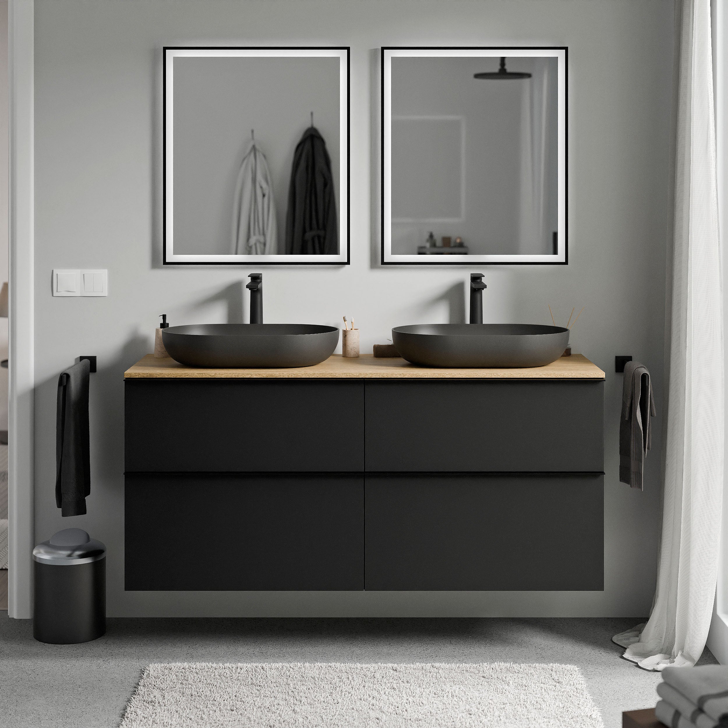 Bernstein LAVOA Szafka pod umywalkę wisząca MDF czarny mat - Blat dąb miodowy - Uchwyty antracytowe - 140x46x62cm