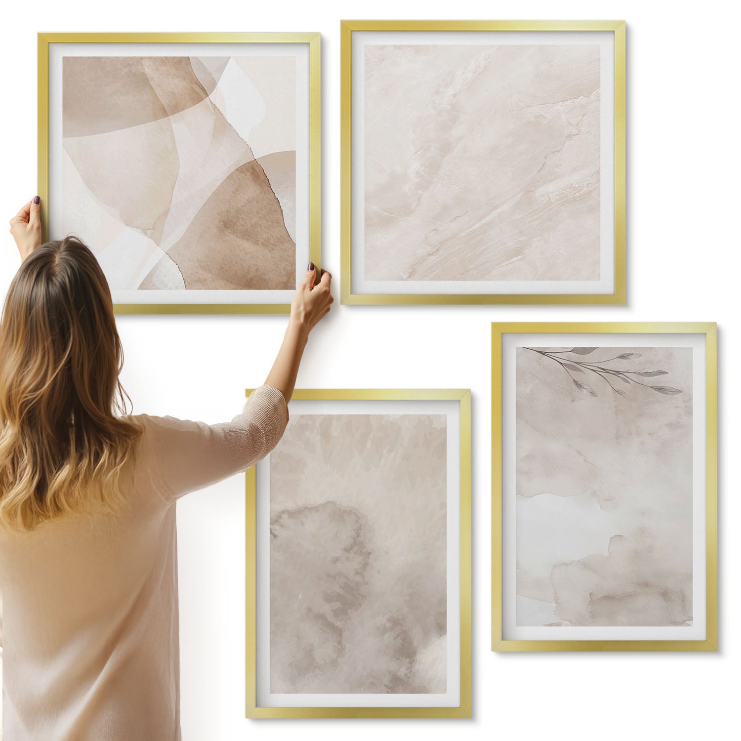 Galeria ścienna 4-częściowy komplet obrazów w złotych ramach - Rozlane farby akwarelowe tekstury styl boho - ArtPrintCave