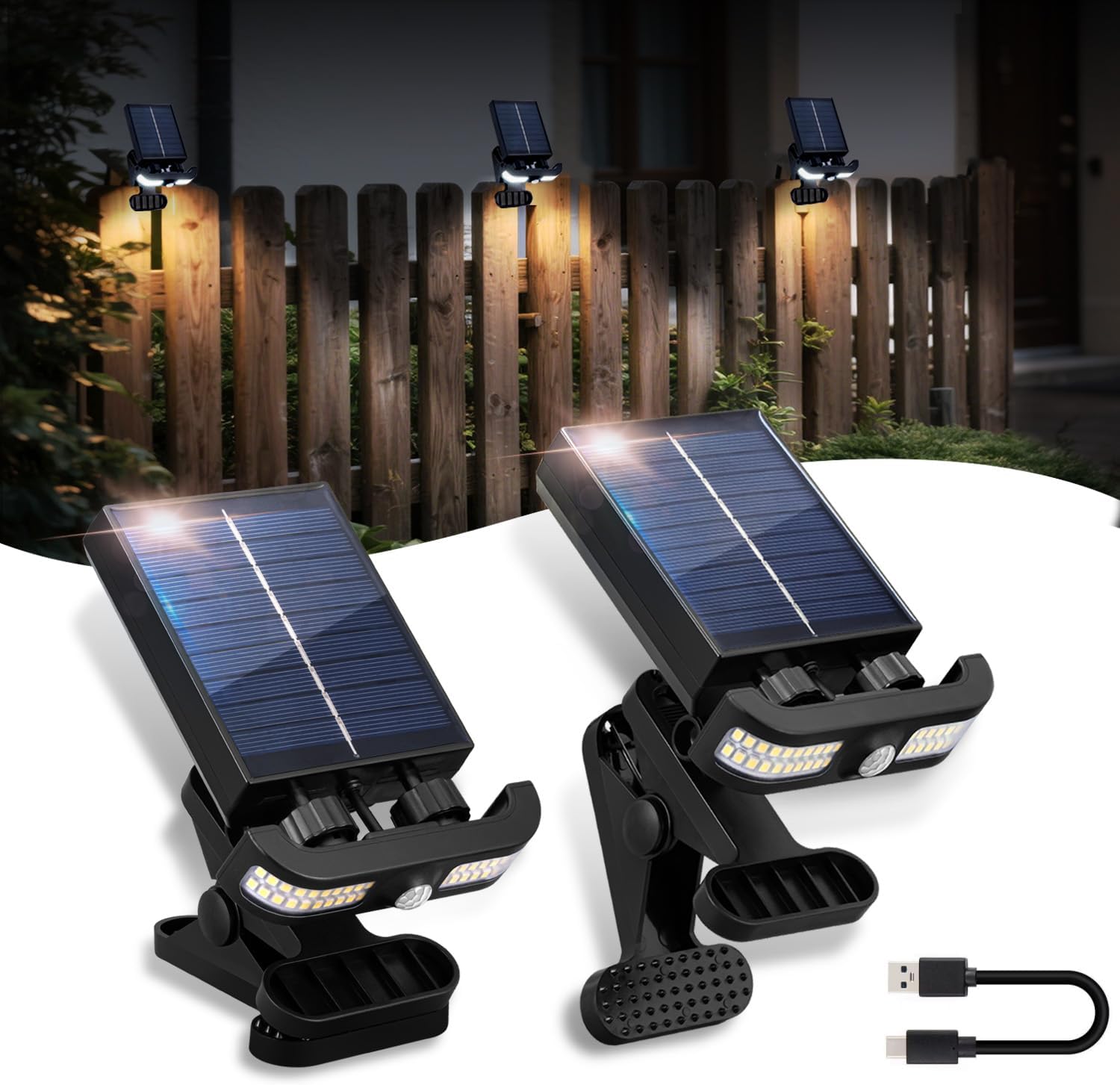 (Zestaw dwuczęściowy) Chłodna biała lampa solarna do użytku na zewnątrz z czujnikiem ruchu, mocowana na klipsie, obsługuje podwójne ładowanie za pomoc