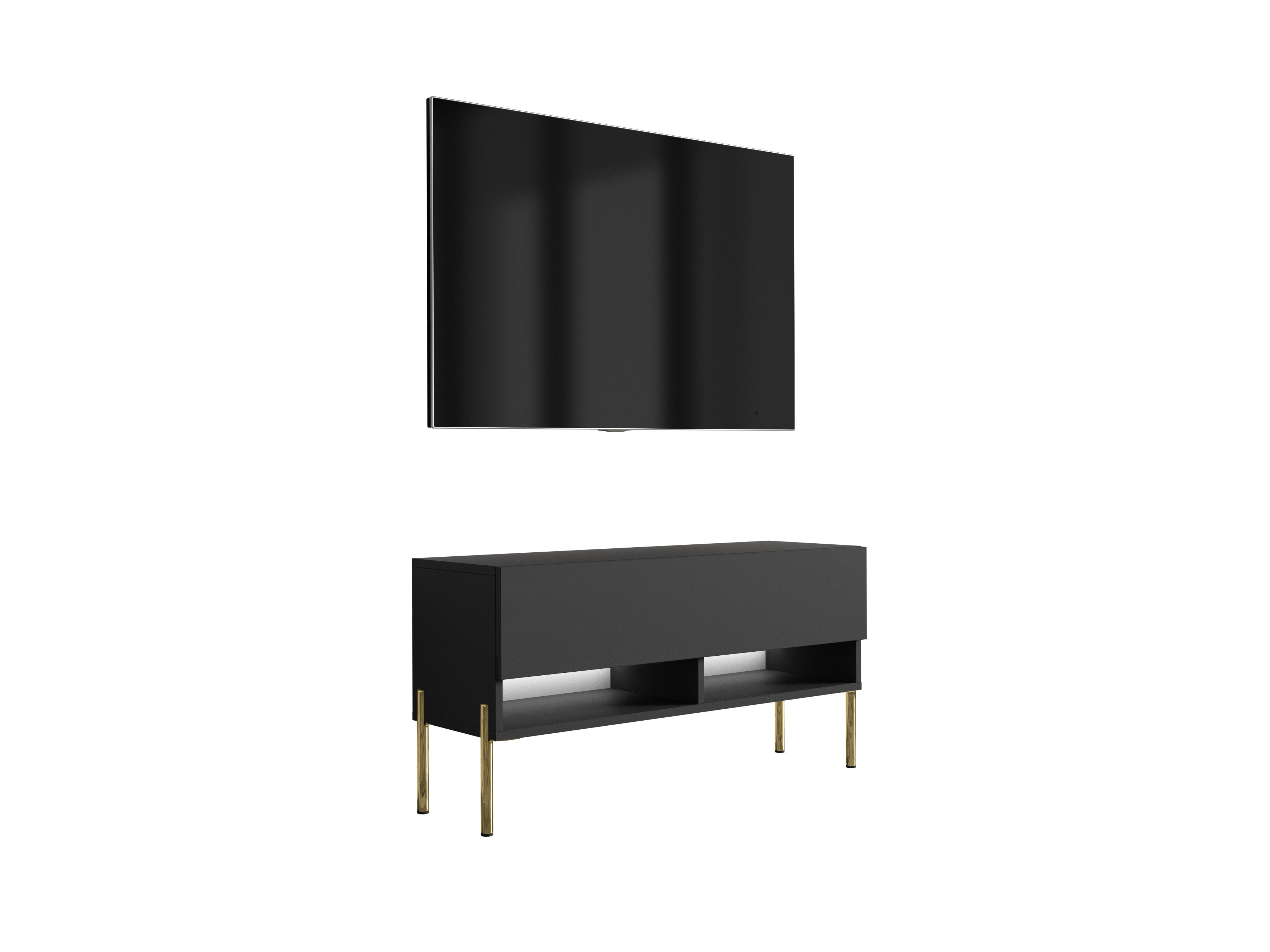 Szafka pod telewizor 100 cm Czarny Mat, nóżki proste złote, LED biały, 100 × 32 × 52 cm