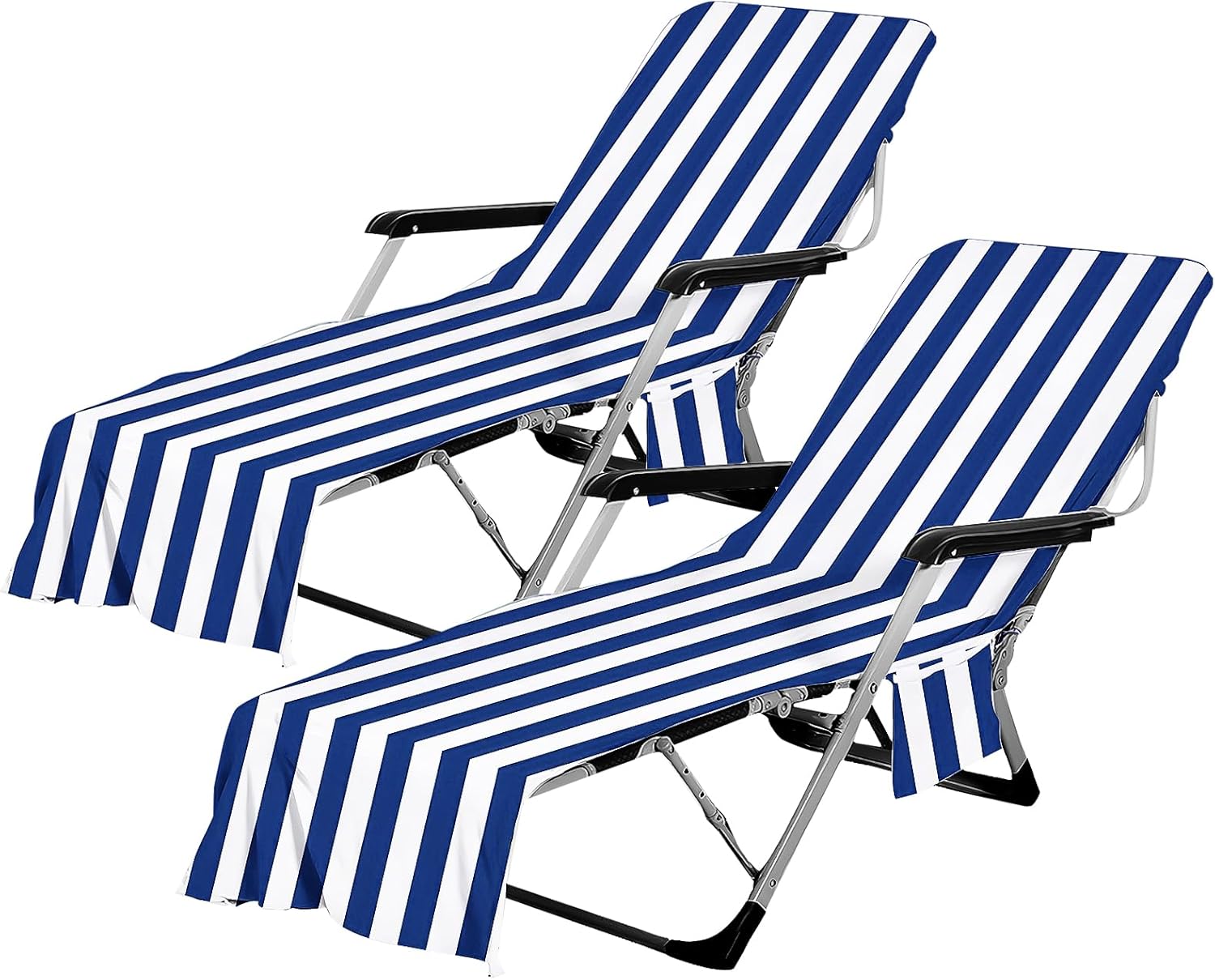 Zestaw 2 pokrowców na leżaki plażowe z mikrofibry w paski w kolorze niebiesko-białym, z kieszeniami bocznymi i klapką zabezpieczającą, 210 x 73 cm