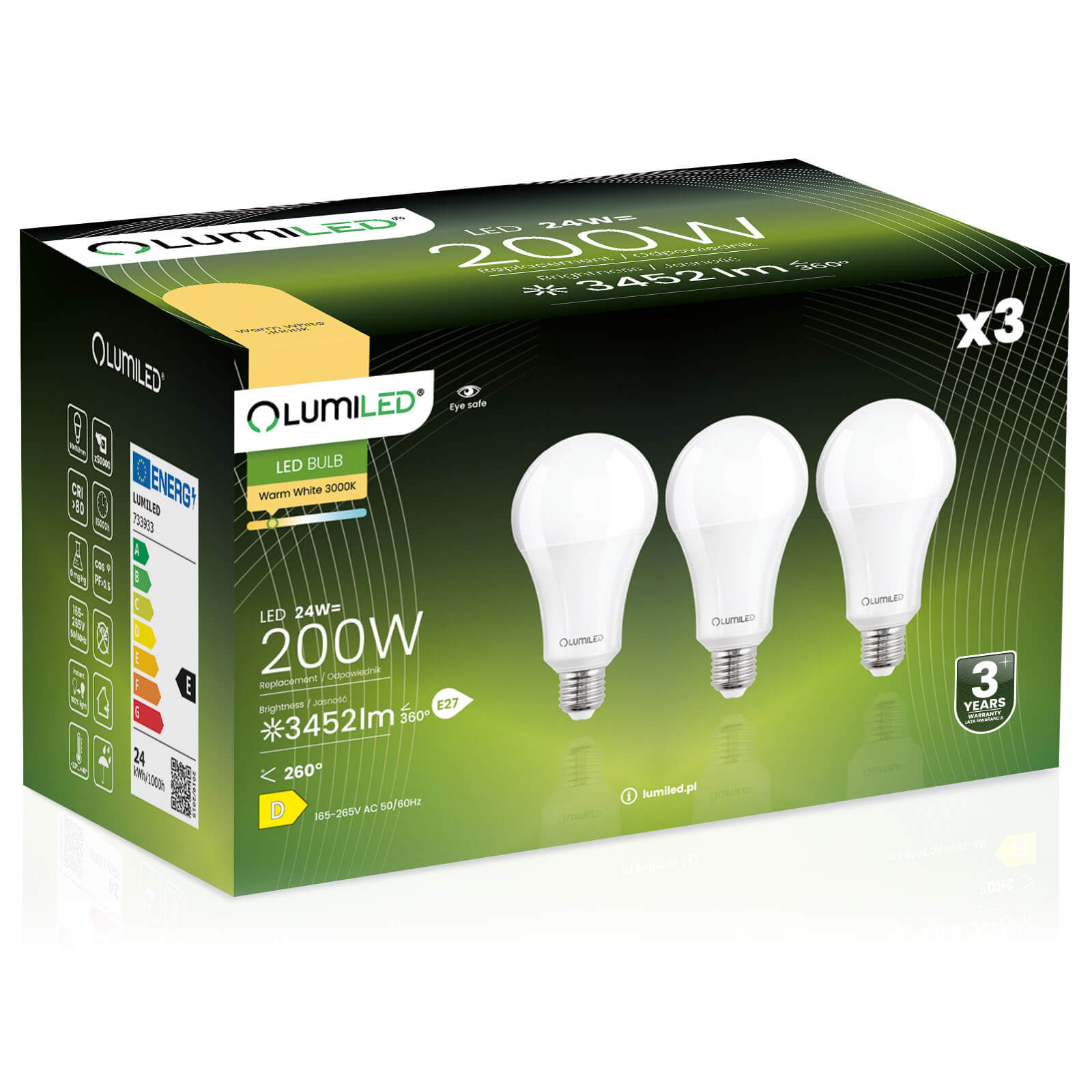 Żarówka LED Lumiled E27 A60 24W 3452lm 3000K Ciepła biel 260st 3 szt.