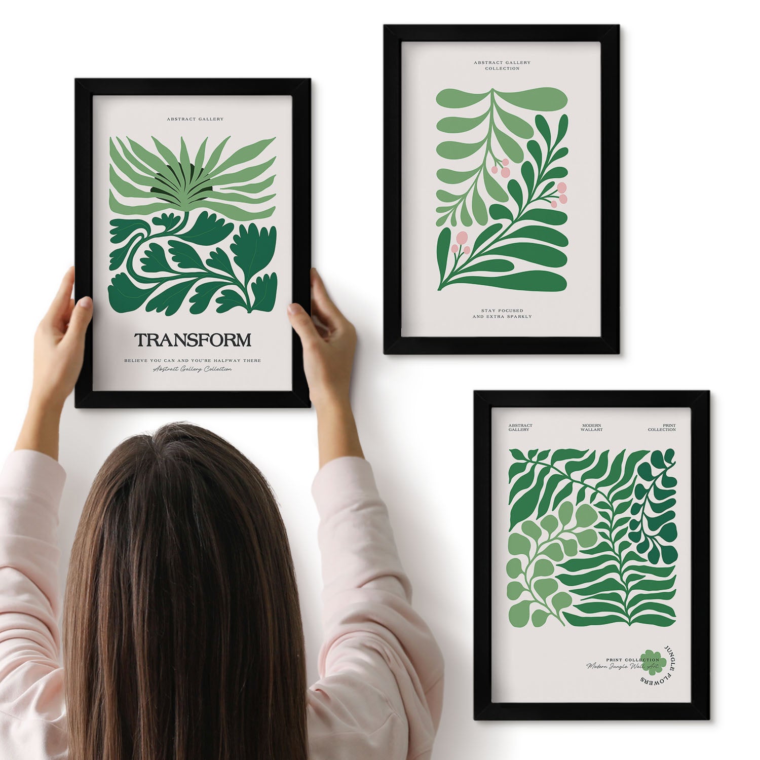 Galeria ścienna 3-częściowy komplet obrazów w czarnych ramach - Zestaw zielonych liści i roślin w różnych kształtach - ArtPrintCave