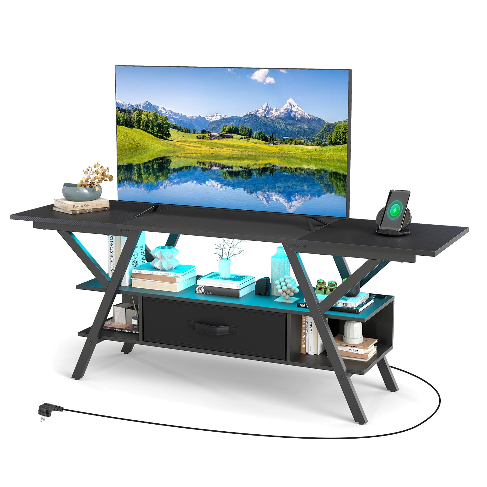Mebel pod telewizor 65", 3 poziomy z oświetleniem LED i stacją ładującą, konsola multimedialna z półkami i szufladą z tkaniny, czarny