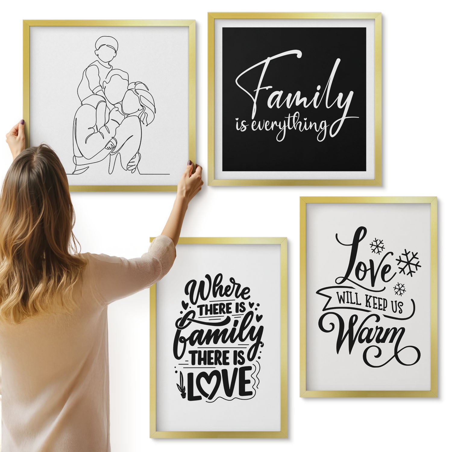 Galeria ścienna 4-częściowy komplet obrazów w złotych ramach - Rodzina miłość ciepło domowe napisy inspirujące - ArtPrintCave