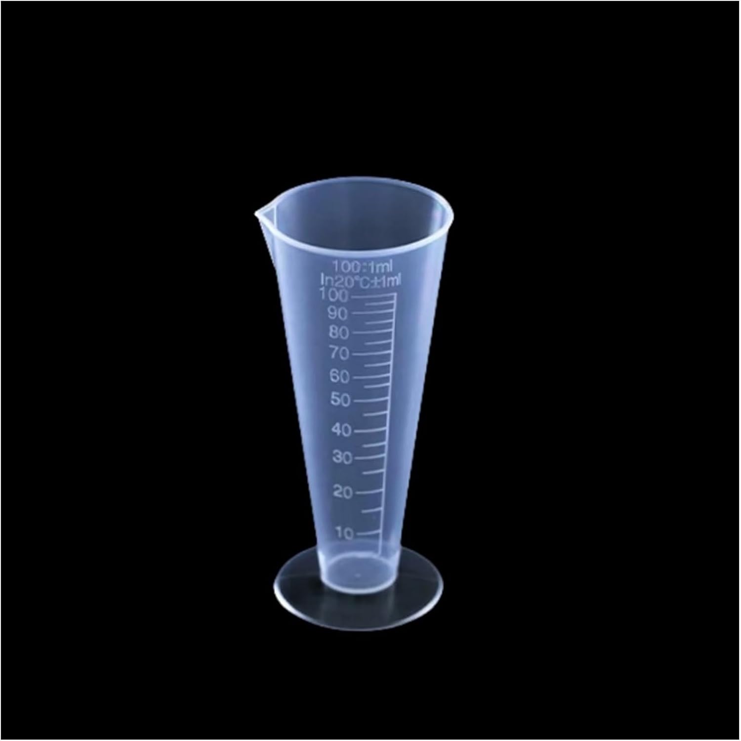Sprzęt laboratoryjny: 100 ml przezroczysty, stożkowy plastikowy kubek pomiarowy z podziałką, 1 sztuka, trójkątny cylinder pomiarowy z PP, artykuły lab